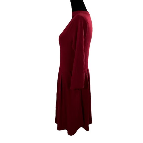 Burgundy Choker Collar Drop Waist Tunic Dress Pleated With Pockets Size Small - Picture 3 of 11